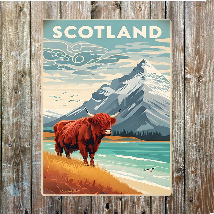 Travel Poster Scotland Highland Cow | Metal Sign Plaque