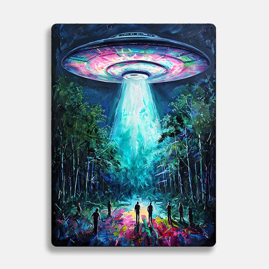 Surreal Forest Scene With UFO Alien Metal Sign Plaque