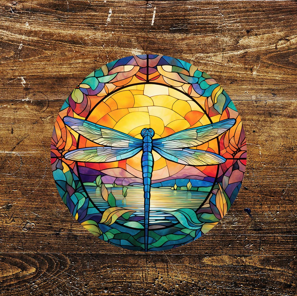 Dragonfly Yellow Stained Glass affect Circle Metal Sign