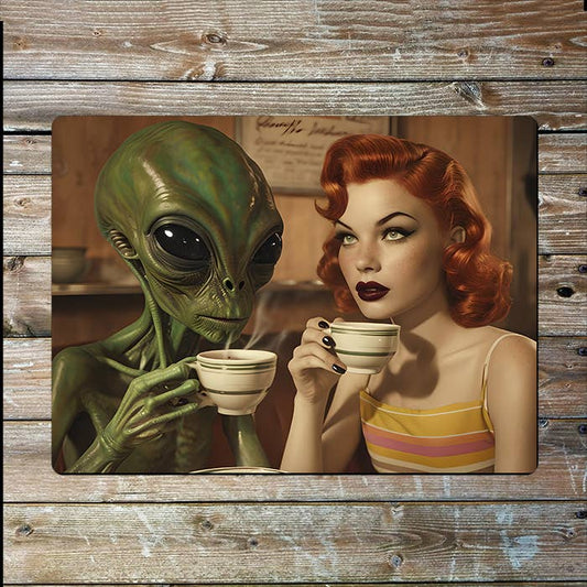 Alien And Retro Woman Cafe Coffee UFO | Metal Sign Plaque