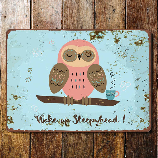 owl sleepy wake up head | Metal Wall Sign Plaque