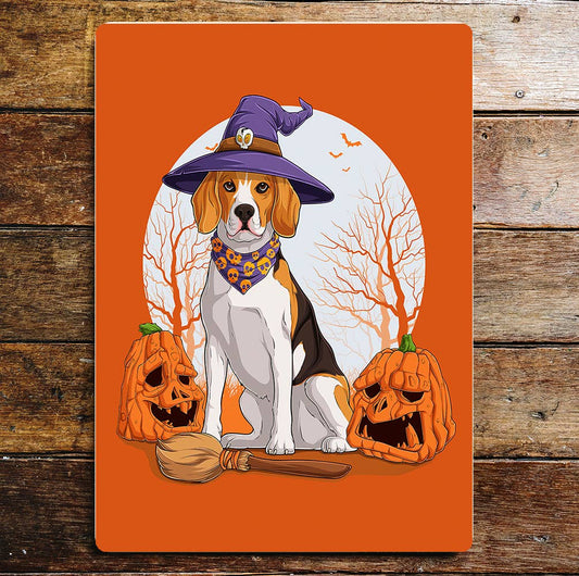 Beagle Dog Halloween Witch Hat Pumpkin | Metal Sign Plaque