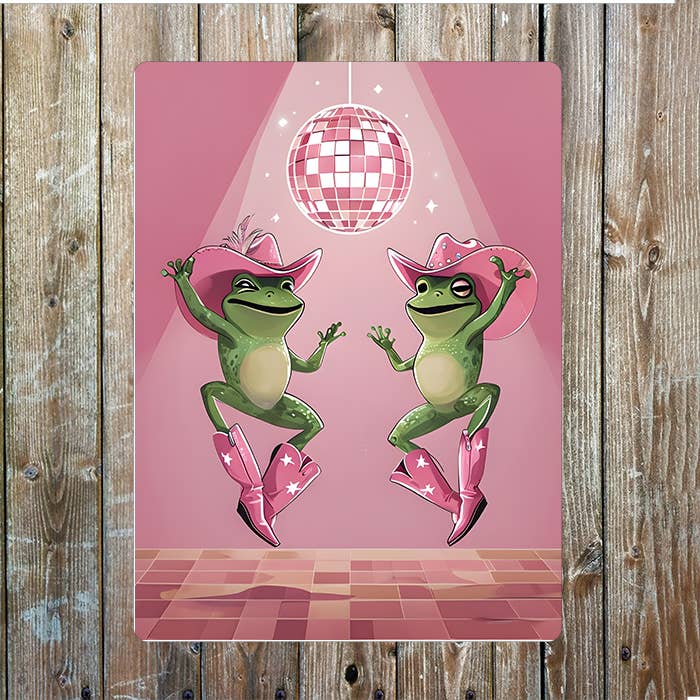 Frogs Dancing Under Disco Ball Pink | Metal Sign Plaque