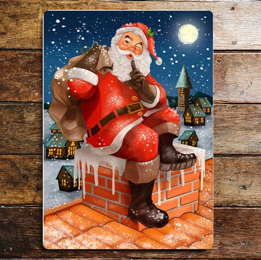 Santa father Christmas roof chimney Wall Metal Sign Plaque