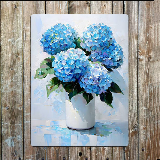 Vibrant Blue Hydrangeas White Vase | Metal Sign Plaque
