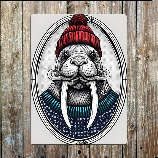 Line Drawing Sailor Walrus Sea Nautical | Metal Sign Plaque