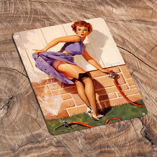 Pin Up Girl In Garden and Hose Metal Sign