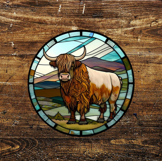 Highland cow River Stained Glass Affect Circle Metal Sign