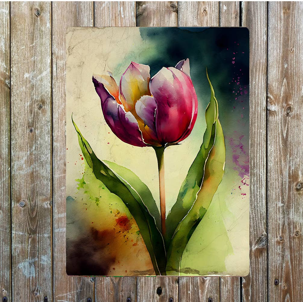 Purple Red Yellow Open Tulip Portrait Metal Sign Plaque
