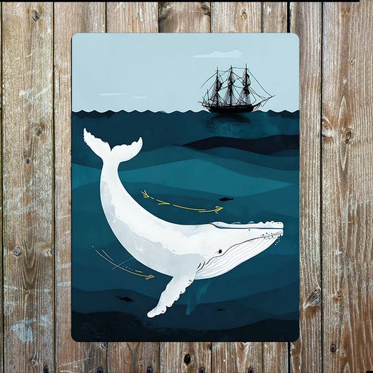 White Whale Under Ship Ocean Sea Nautical | Metal Sign Plaque