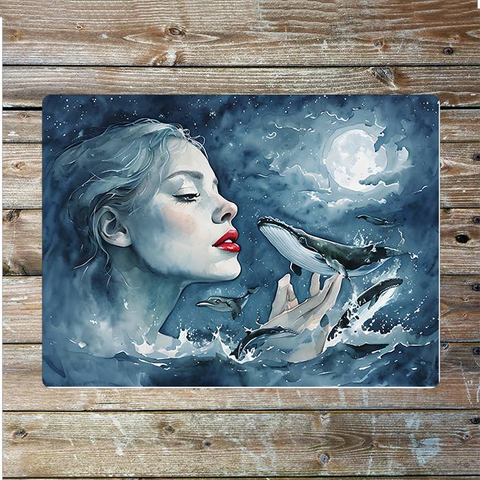 Surreal Watercolor Whale Lady Sea Nautical Metal Sign Plaque