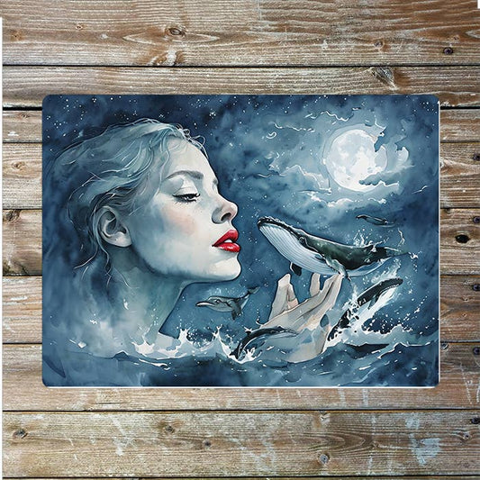 Surreal Watercolor Whale Lady Sea Nautical Metal Sign Plaque