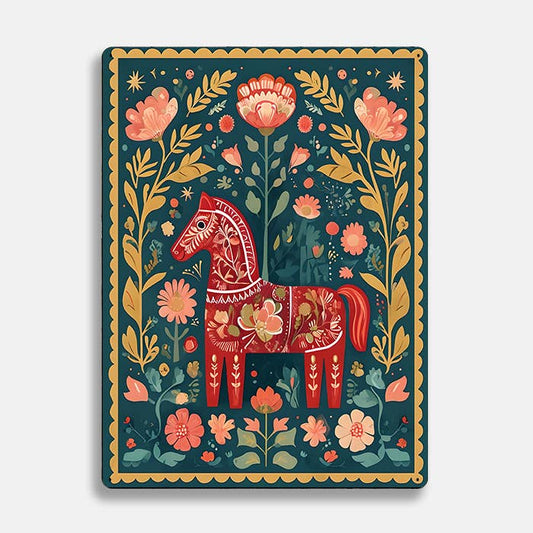 Dala red horse flower scandinavian folk | Metal Sign Plaque