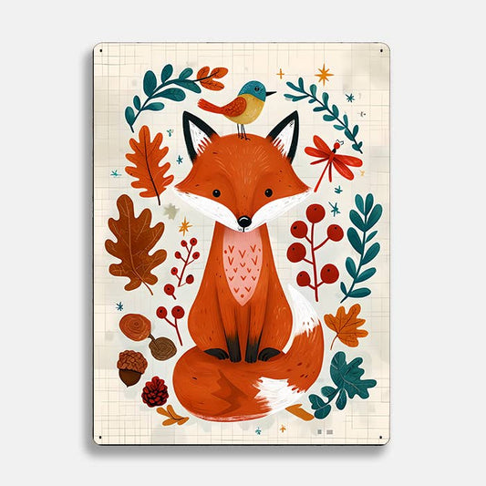 Fox Nature Leaves scandinavian folk | Metal Sign Plaque