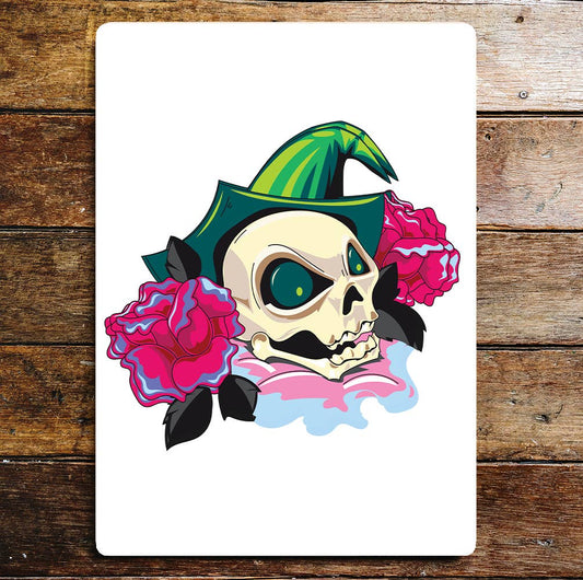 Skull Witches Hat Roses Halloween Metal Wall Sign
