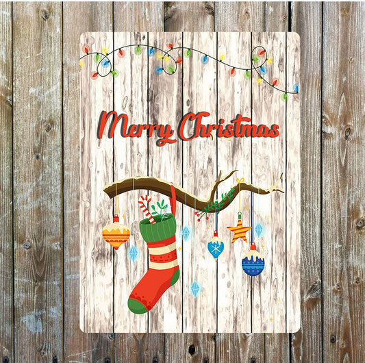 Merry Christmas Stockings Baubles Lights | Metal Sign Plaque
