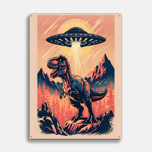 Retro TRex UFO Alien Metal Sign Plaque