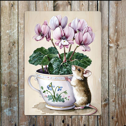 Teacup Flowers Mouse Watercolour Spring Metal Sign Plaque