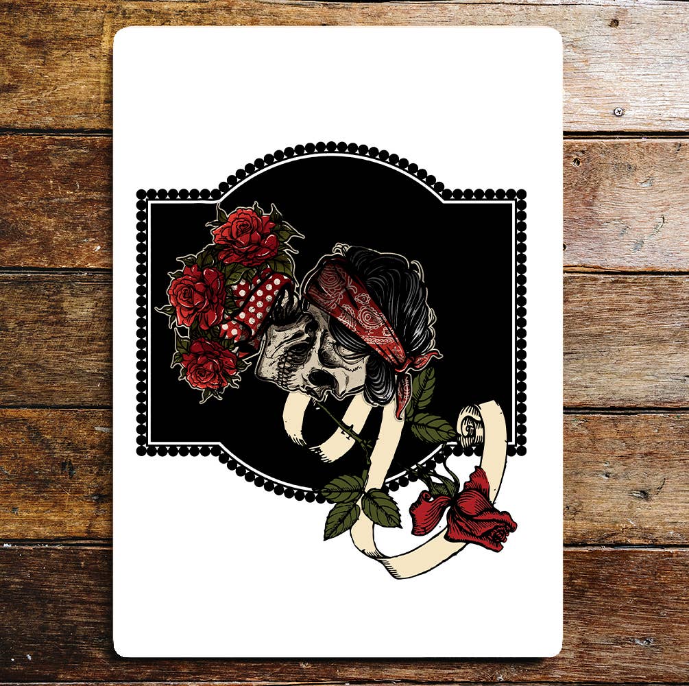 Skull Bandana Roses Leaves Metal Wall Sign