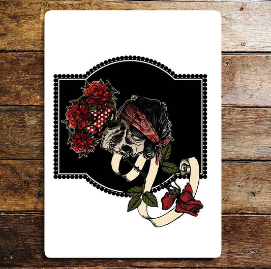 Skull Bandana Roses Leaves Metal Wall Sign