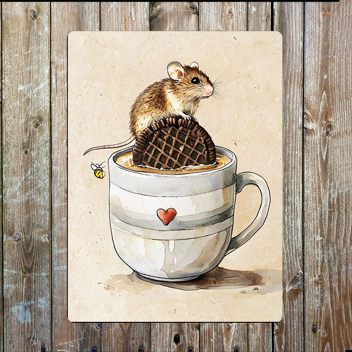 Mouse Dipping Biscuit Watercolour Spring | Metal Sign Plaque