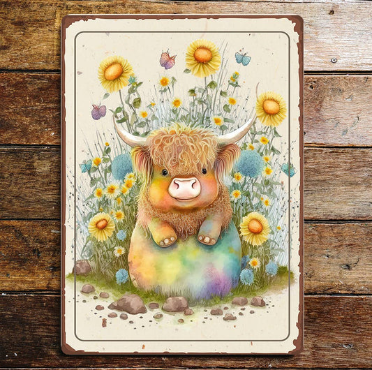 Cute Highland Cow Horns Curly Hair | Metal Sign Plaque
