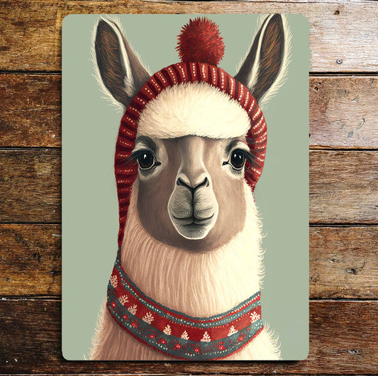 Cute Llama Head Portrait Bobble Hat | Metal Sign Plaque