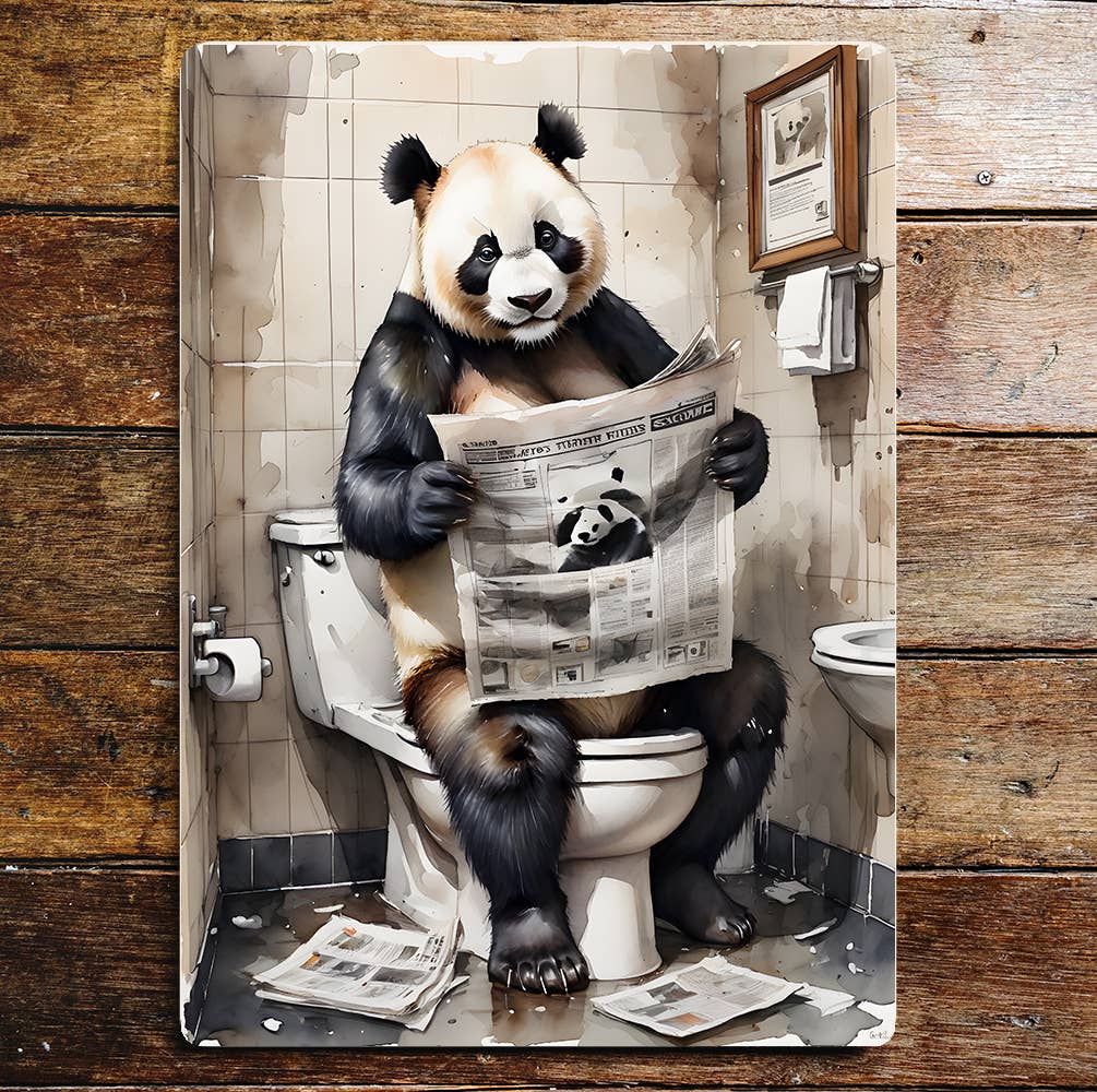 Panda Newspaper On the Toilet Bathroom | Metal Sign