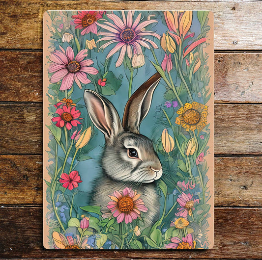 Rabbit Head Among Pink Flowers Metal Sign Plaque