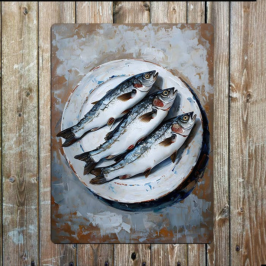 Three Fish On Decorative Plate Painting Metal Sign Plaque