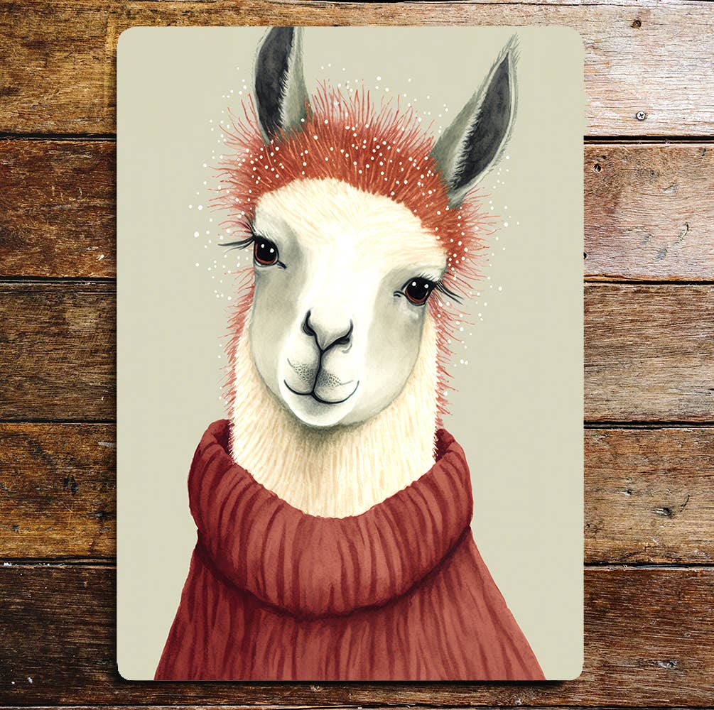 Cute Llama Portrait Red Hair Jumper | Metal Sign Plaque