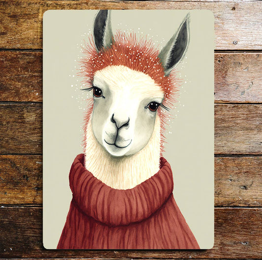 Cute Llama Portrait Red Hair Jumper | Metal Sign Plaque