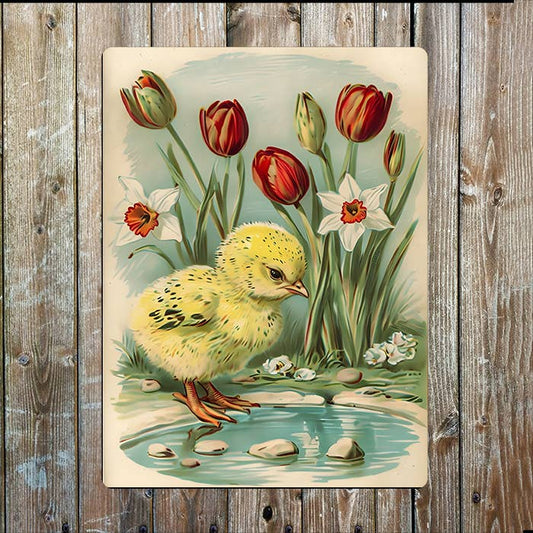 Vintage Easter Chick Reflection Pond Pool | Metal Sign Plaque