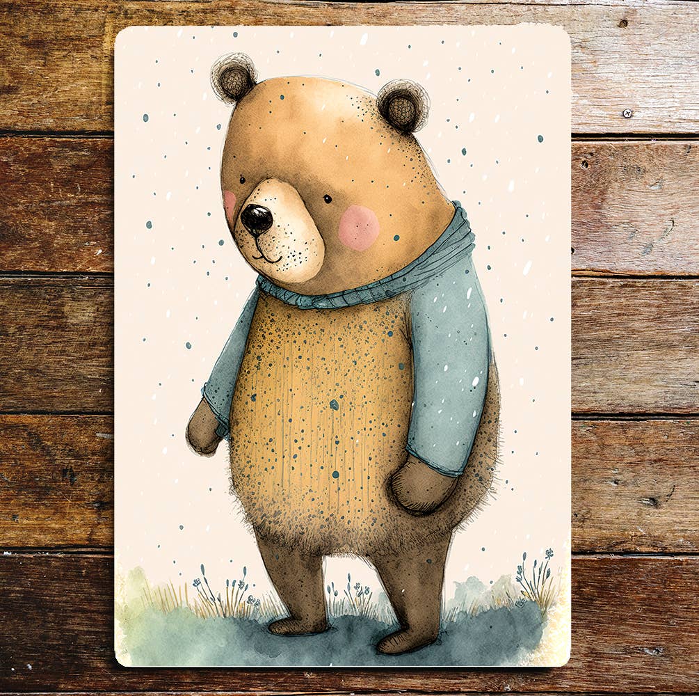 Cute Big Bear Blue Yellow Jumper | Metal Sign Plaque