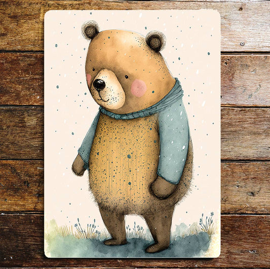 Cute Big Bear Blue Yellow Jumper | Metal Sign Plaque