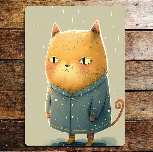 Cute Orange Cat Blue Coat Raining | Metal Sign Plaque
