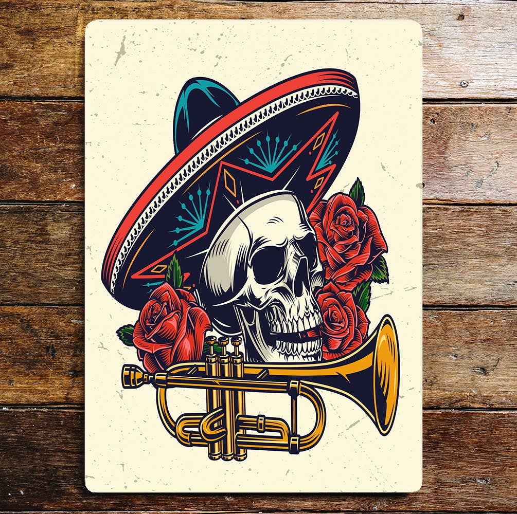 Skull Hat Trumpet Roses Metal Wall Sign