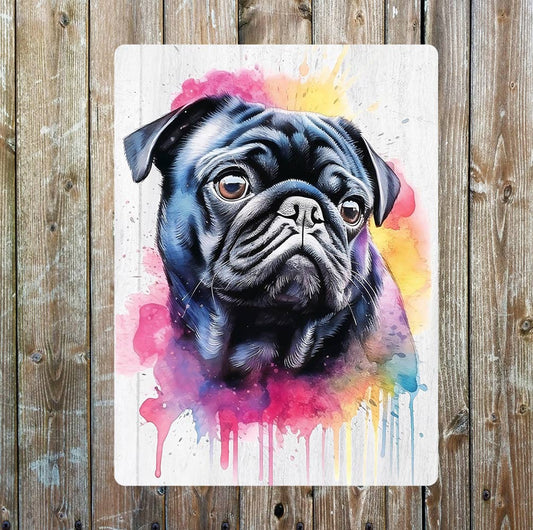Black Pug Watercolour Splash | Metal Sign Plaque