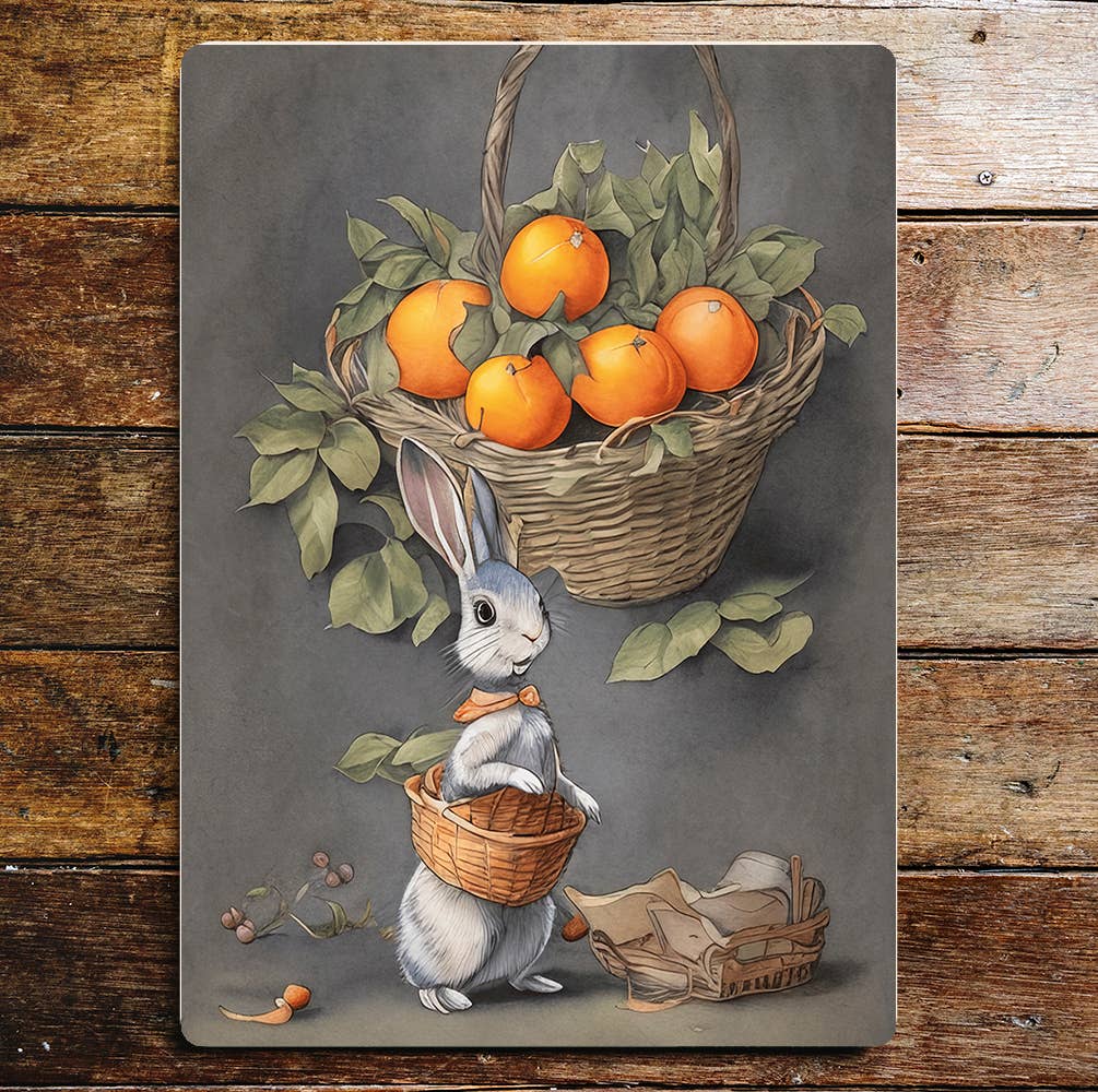 Rabbit Shopping Basket Oranges Metal Sign Plaque