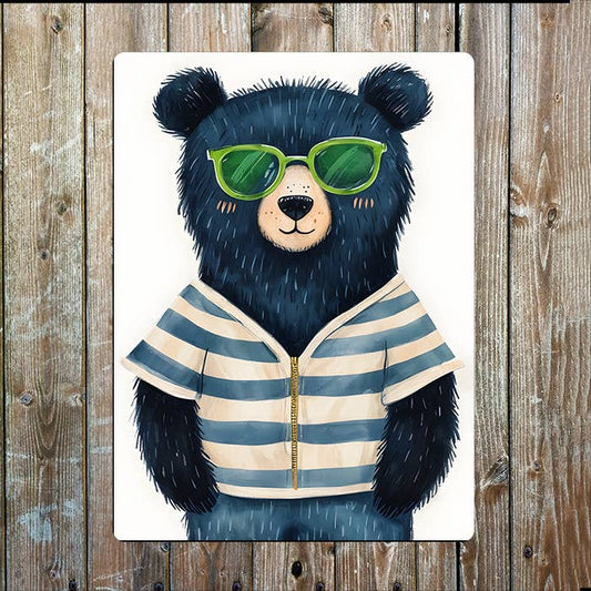 Whimsical Black Bear Wearing Sunglasses | Metal Sign Plaque