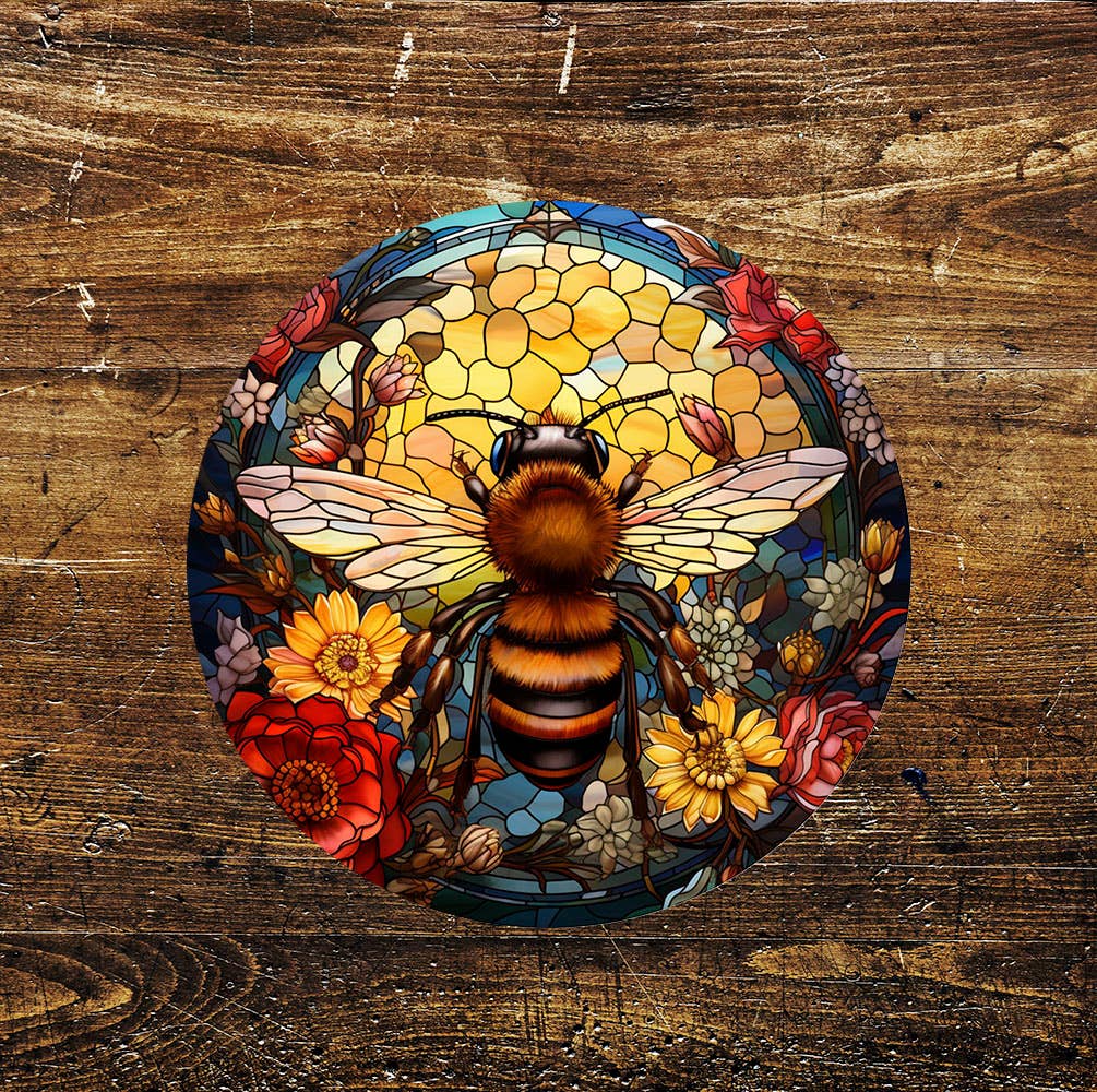 Bumble Bee Stained Glass affect Metal Circle Sign