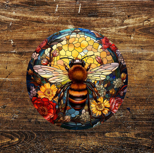 Bumble Bee Stained Glass affect Metal Circle Sign