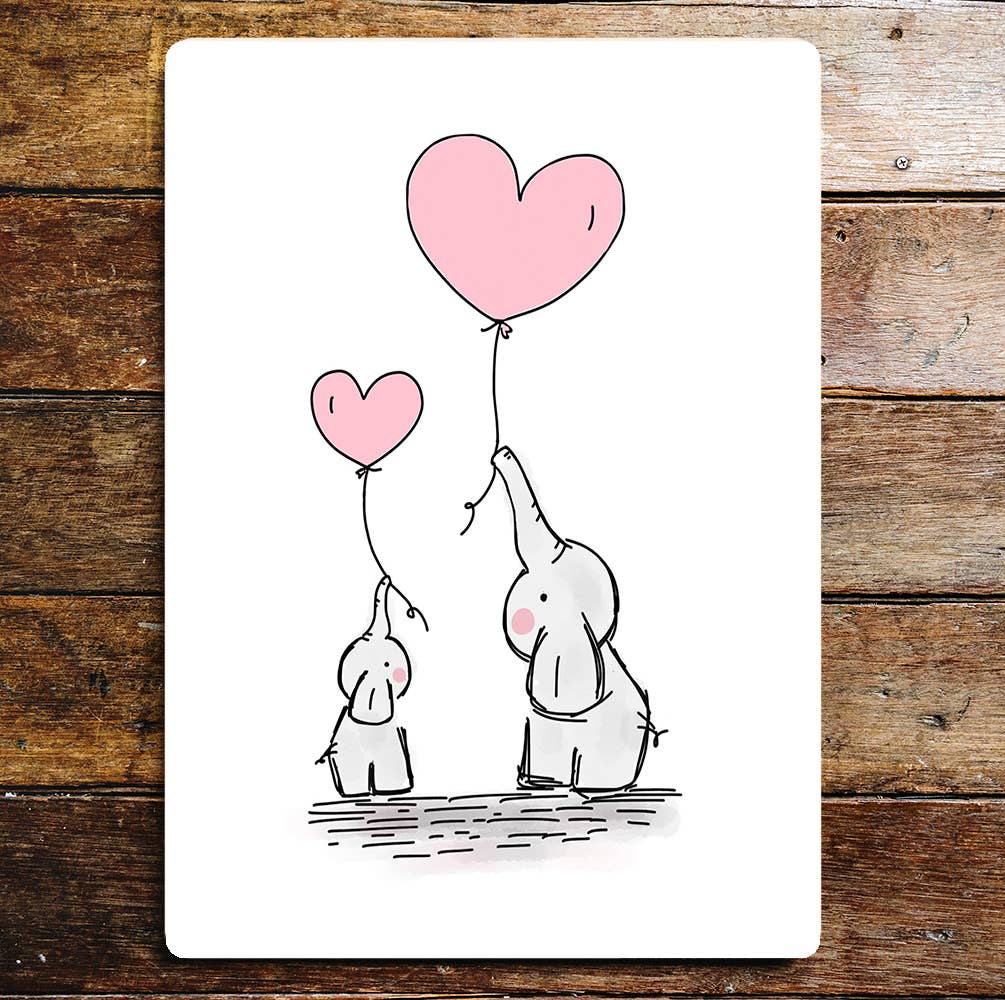 elephants illustration cute hearts | Metal Sign Plaque