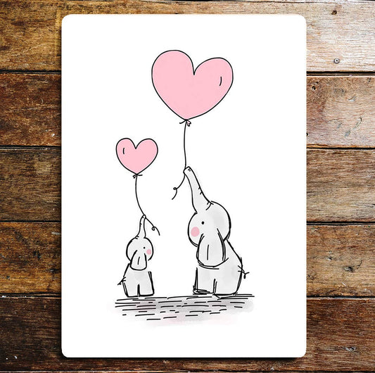 elephants illustration cute hearts | Metal Sign Plaque