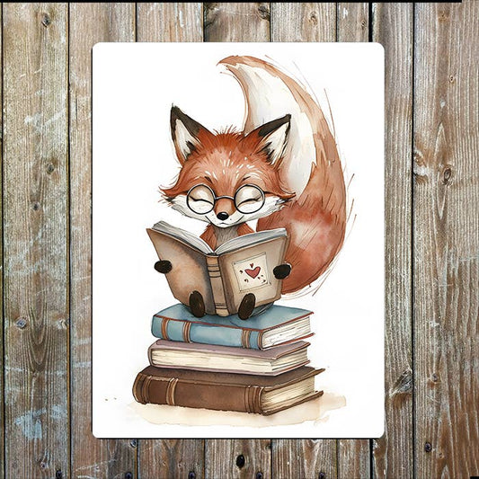 Fox Reading On Book Stack | Metal Sign Plaque