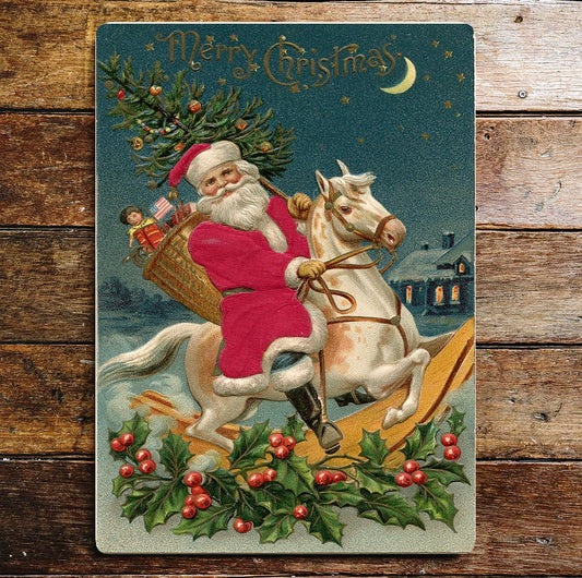 Christmas Santa Rocking Horse Wall | Metal Sign Plaque