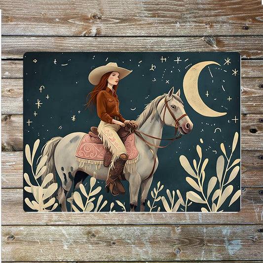 Cowgirl On Horse At Night | Cowboy Western | Metal Sign Plaque