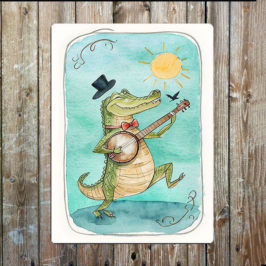 Alligator Playing Banjo Under Sun | Metal Sign Plaque