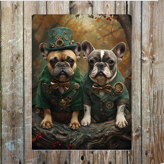 Steampunk Portrait Of Two French Bulldogs Metal Sign Plaque