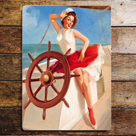 Sailing Boat Pin Up Girl Sea Metal Wall Sign Plaque